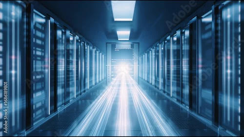 Wallpaper Mural Data center corridor gateway speed light stream digital rack server room futuristic hallway with motion blur and blue lighting conveying energy and efficiency Futuristic data center corridor with Torontodigital.ca