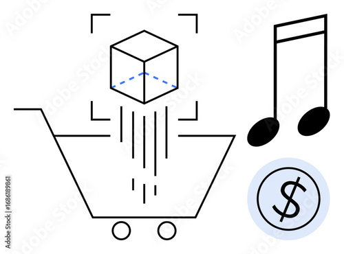 Shopping cart with 3D cube icon, music note, and dollar sign. Ideal for e-commerce, digital content, online services, creativity, technology economy consumerism. Simple flat metaphor
