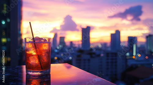 Cityscape from a hotel rooftop, with a cocktail in hand and a breathtaking view of the skyline at sunset.
