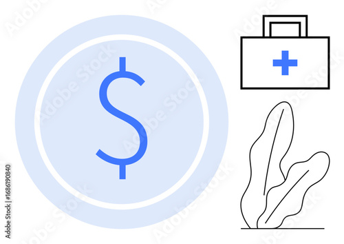 Large blue dollar sign in a circle alongside a medical kit with a cross and minimal plant outline. Ideal for finance, healthcare, insurance, savings, budgeting, investment, flat simple metaphor