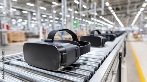 Multiple black virtual reality headsets are arranged on a conveyor belt in a bright, modern manufacturing facility.