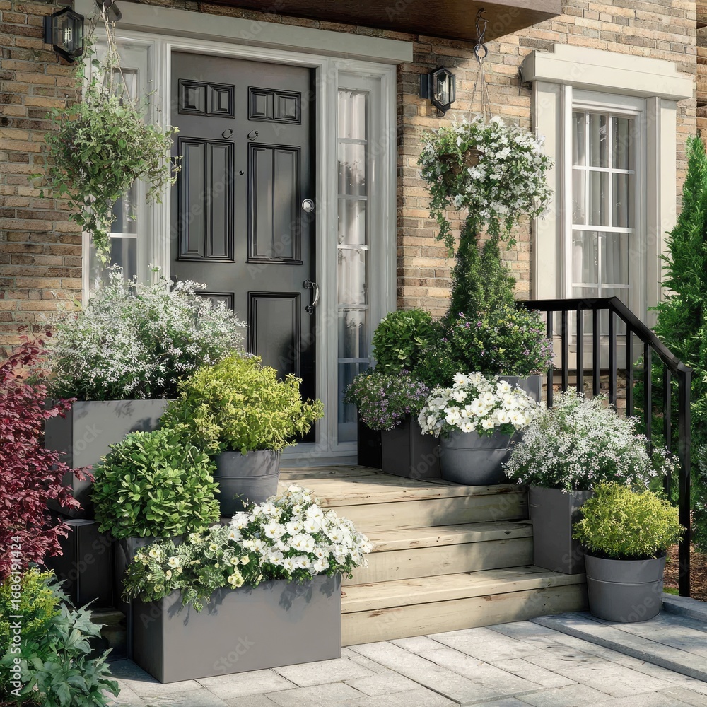 Fototapeta premium A charming entryway adorned with various plants in gray planters, showcasing a delightful outdoor space.