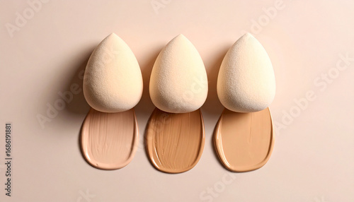 Foundation Blending: Three cosmetic sponges rest atop corresponding swatches of foundation, illustrating the beauty of color matching and the artistry of makeup application. 