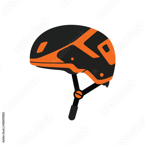 An orange and black helmet with a chin strap is isolated against a white background