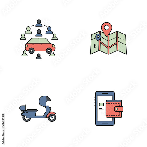 Four colorful icons depicting carpooling navigation scooter and digital wallet on white background