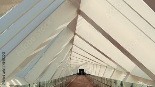 Serene bridge walkway stretches across urban landscape. Calm atmosphere highlights architectural design under bright daylight, no people.
