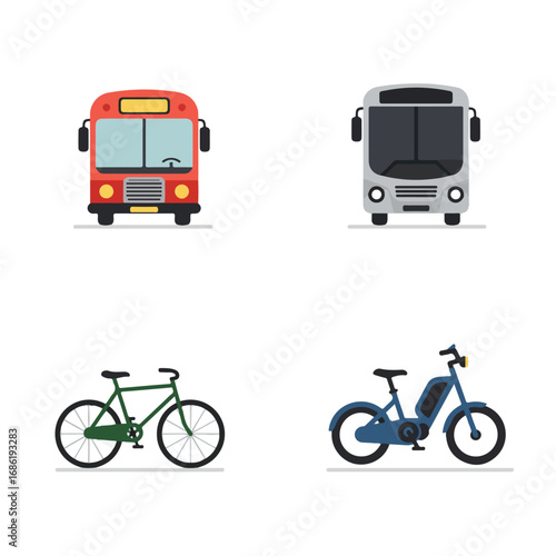 Four frontal views red bus silver bus green bicycle and blue electric bicycle on white
