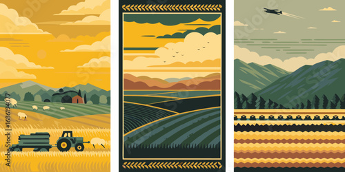 Triptych of stylized rural landscapes featuring farming rolling hills and mountains under dramatic skies