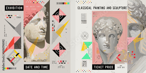 Abstract graphic design featuring classical sculpture busts with exhibition and ticket information