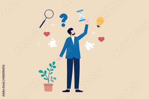 Businessman contemplating ideas time and solutions with a plant and magnifying glass