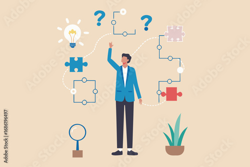 Man interacting with a flowchart of puzzles and question marks representing problem solving and idea generation