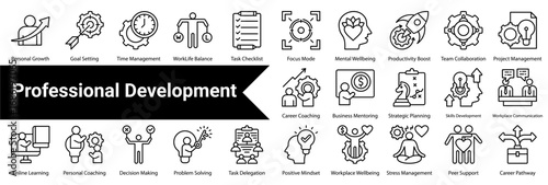 Professional Development Icon Collection and Set Containing:  Personal Growth  ,Goal Setting  ,Time Management  ,Work-Life Balance  ,Task Checklist  ,Focus Mode  ,Mental Wellbeing  ,Productivity Boost