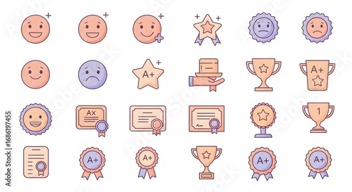 A collection of colorful flat design icons representing positive feedback, achievement, awards, and emotional states.