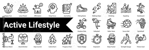  Active Lifestyle Icon Collection and Set Containing: Dumbbell Lift  ,Running Person  ,Yoga Pose  ,Bicycle Ride  ,Swimming Stroke  ,Jump Rope  ,Stretching  ,Treadmill Run  ,Boxing Gloves