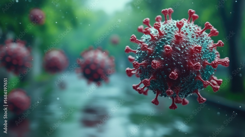 Fototapeta premium Coronavirus Virions on Blurred Green Background