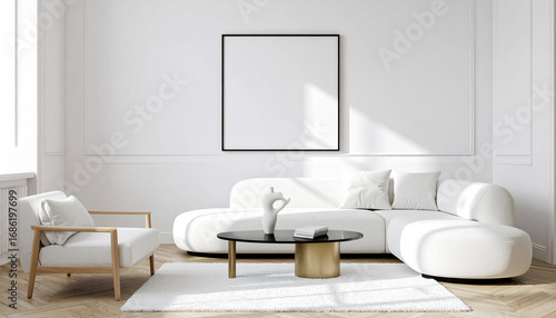 Wallpaper Mural Mockup poster frame Modern Living Room with Blank Wall : Modern and minimalist living room interior, with a blank frame on a white wall, presenting the essence of contemporary design. Torontodigital.ca