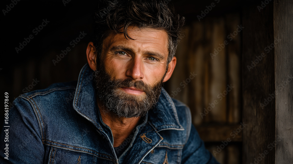 Fototapeta premium Rugged Individual in Rustic Setting: Portrait of a strong, mature individual with a weathered beard and denim jacket.
