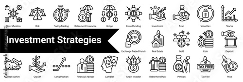  Investment Strategies Icon Collection and Set Containing: Dividend Yield  ,Commodities  ,Wealth Management  ,Harvesting  ,Bonds  ,Leverage  ,Trader  ,Interest Rates  ,Annuities  ,Risk Management