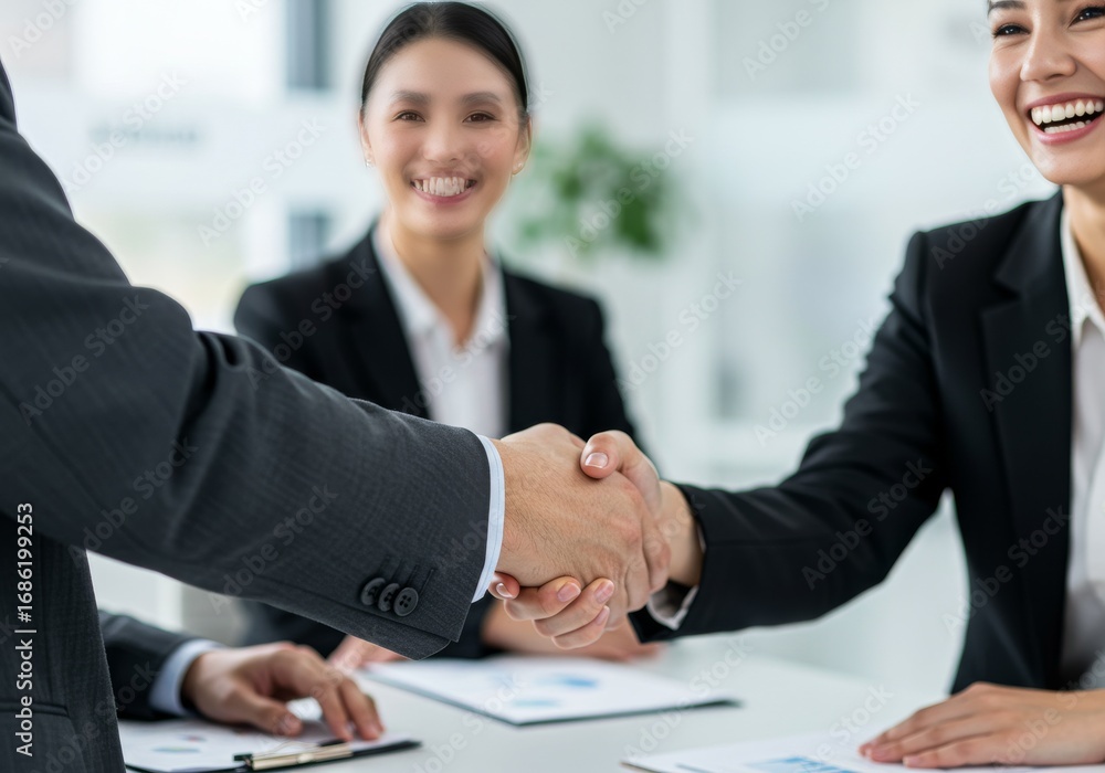 custom made wallpaper toronto digitalClose-up Handshake Between Man in Grey Suit and Businesswoman with Blurred Colleagues