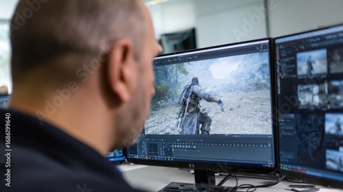 A man intently focuses on a video game displayed on multiple computer screens, likely in a video editing or game development environment.