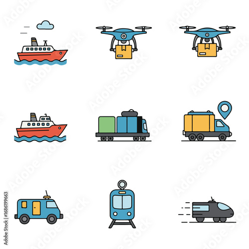 Nine colorful transport icons are arranged in a 3x3 grid They depict ships drones trucks and trains each with simple outlines