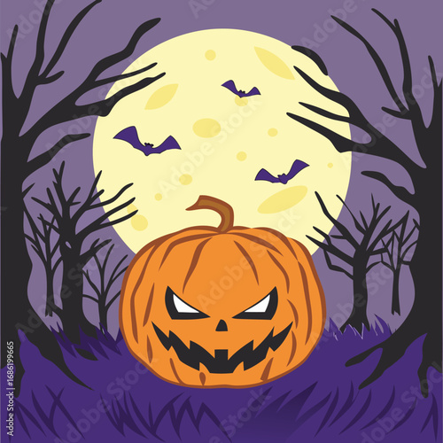 Spooky Halloween Night with Jack O Lantern and Bats