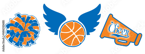 Cheerleader Megaphone and pom-poms and Basketball with wings. Blue and Orange Cheerleading Basketball illustration.
