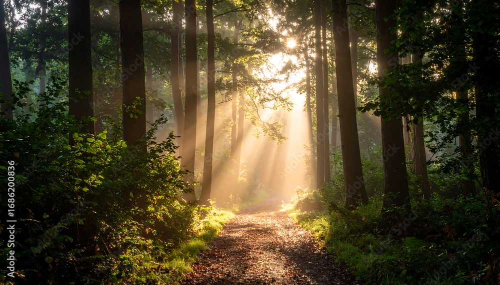 Fototapeta premium Sunbeams Illuminating a Misty Forest Path