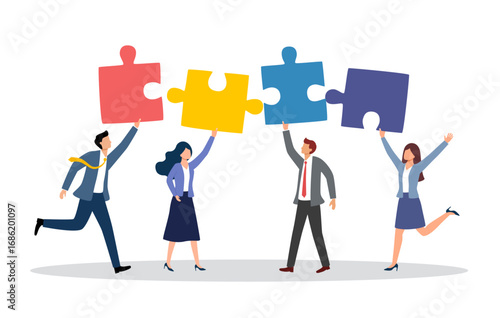 Team building. Businesspeople connecting jigsaw puzzle elements vector illustration in flat design. Symbol of teamwork, cooperation, partnership.