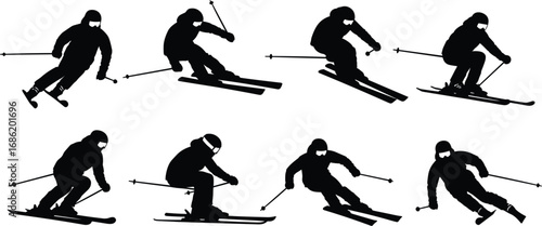 Silhouette vector set of skiers in action, downhill skiing poses, winter sport movements with ski poles, isolated on white background