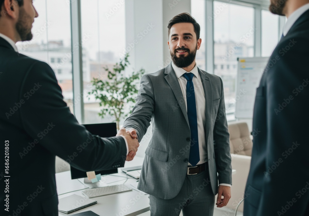 Fototapeta premium Handshake Moment of Grey Suit Businessman in Modern Professional Workplace