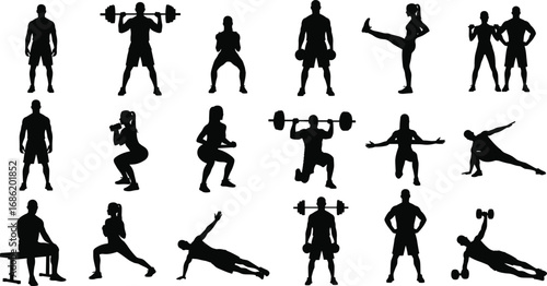 Fitness workout silhouette collection, gym training poses, man and woman exercise, strength workout vector design, flat vector illustration, healthy lifestyle