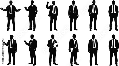 Businessman silhouette set in various poses, formal suit professionals vector, leadership, office communication, flat black vector illustration.