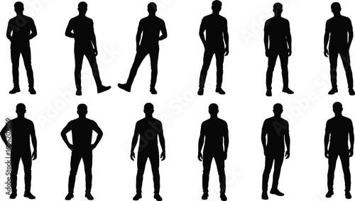 Silhouette of casual men in standing poses, various body gestures, flat vector design, isolated modern male figures collection set.