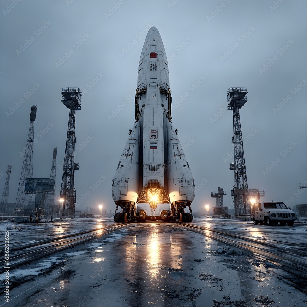 Obraz premium Russian space rocket on launch pad ready for takeoff, space exploration and astronautics technology concept