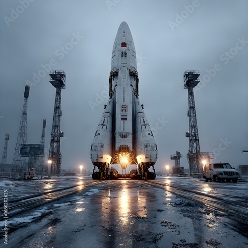 Russian space rocket on launch pad ready for takeoff, space exploration and astronautics technology concept