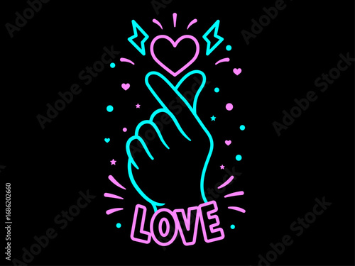 Korean finger heart neon Love vector symbol, Finger love icon, K-POP colorful sign design, Kawaii K-POP print for fans, cute cartoon vector illustration
