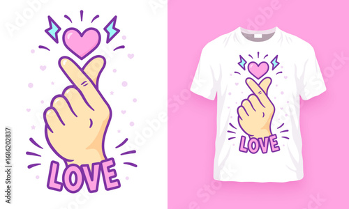 Korean finger heart love symbol print, girls graphics, Finger love icon t shirt design, Kawaii K-POP print for fans, cute cartoon t-shirt print, Vector illustration