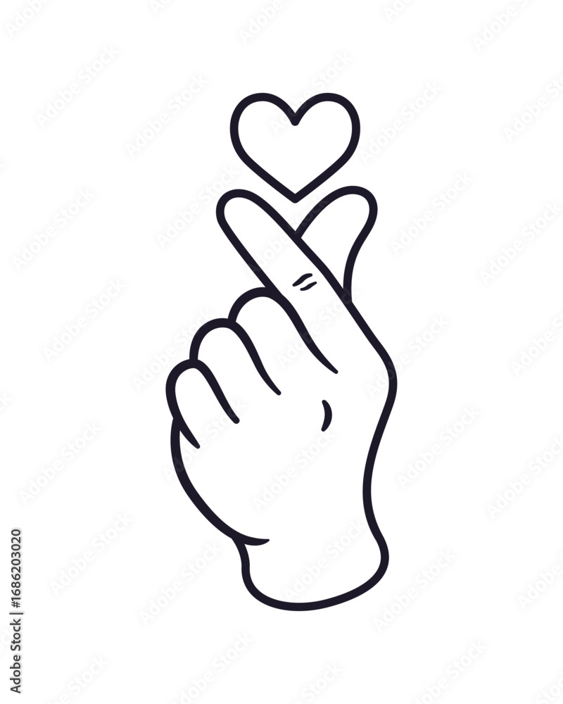 Obraz premium Korean finger heart vector line symbol, Finger love outline icon, K-POP stroke sign design, Kawaii K-POP print for fans, cute vector illustration