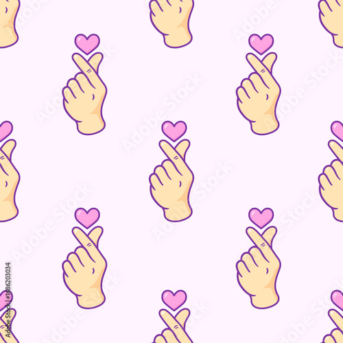 Korean finger heart seamless pattern, Finger love symbol background, K-POP colorful seamless pattern, Kawaii K-POP print for fans, cute cartoon Vector illustration