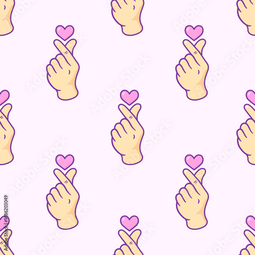 Korean finger heart seamless pattern, Finger love symbol background, K-POP colorful seamless pattern, Kawaii K-POP print for fans, cute cartoon Vector illustration
