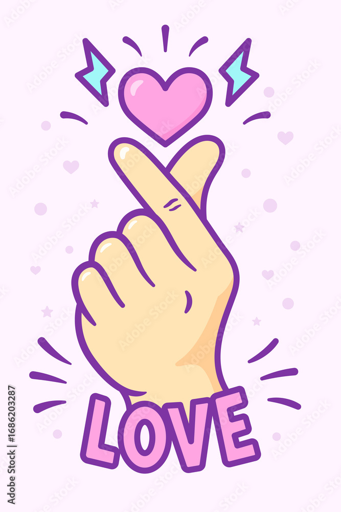 Obraz premium Korean finger heart love vector symbol, Finger love icon, K-POP colorful sign design, Kawaii K-POP print for fans, cute cartoon vector illustration