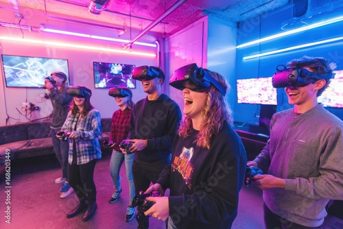 A group of people wearing VR headsets, engaged in a virtual reality experience, enjoying gaming.