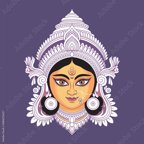 Goddess Durga Face Illustration with Ornate Headdress and Jewelry Design