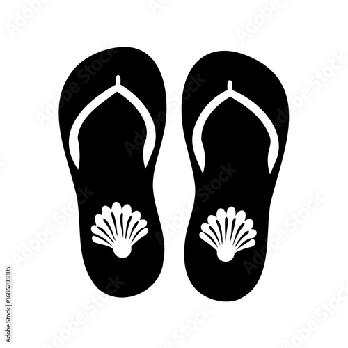 Pair of Black Flip Flops with Seashell Design for Summer Vacation