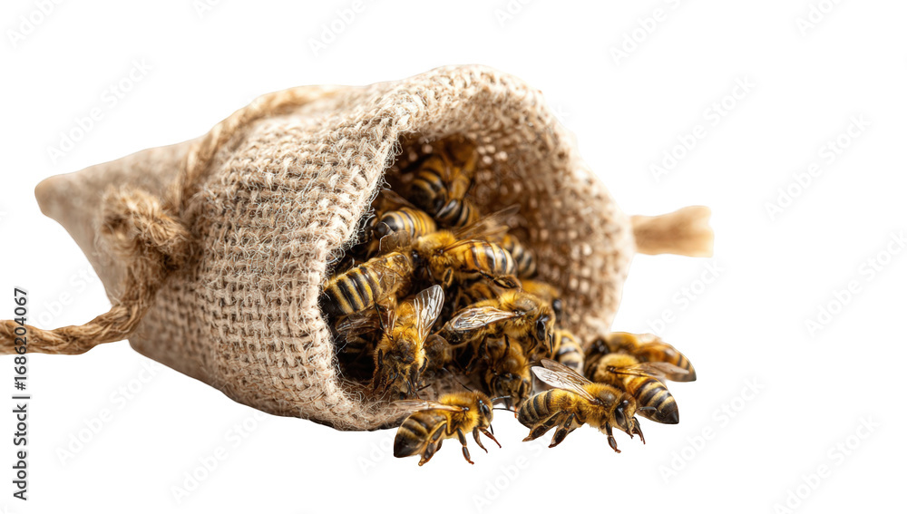 Obraz premium Bees clustered in a burlap sack