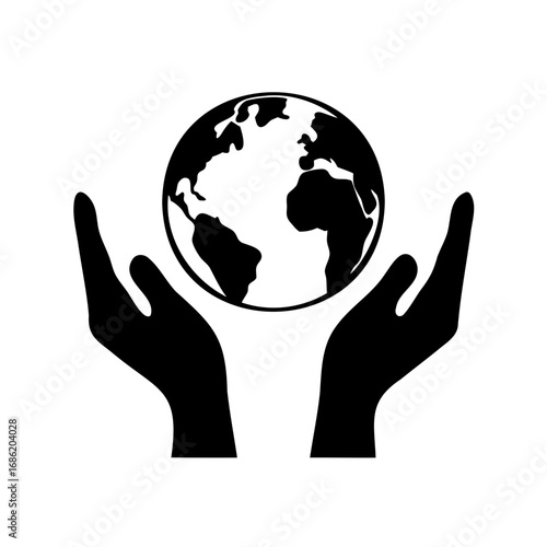 Two hands holding the planet Earth in a simple black silhouette