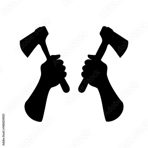 Silhouette of Two Hands Holding Axes in Opposing Directions, Emblem Concept
