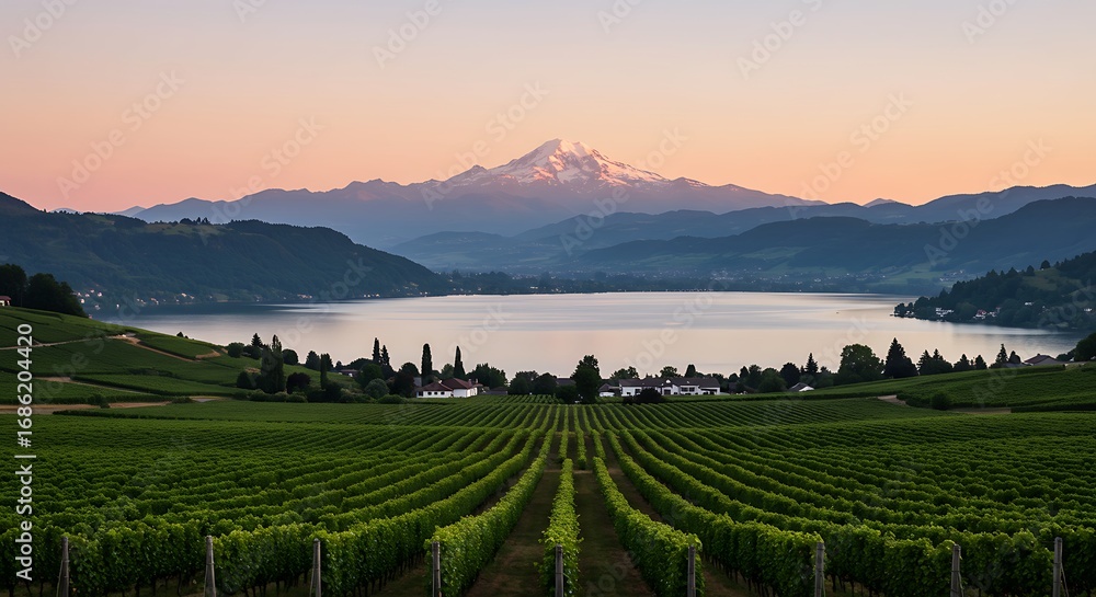 Obraz premium Spectacular Okanagan Valley Vineyard Landscape at Sunset with Okanagan Lake and Mount Boucherie in the Background British Columbia Canada