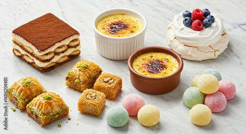 A delightful assortment of international desserts featuring tiramisu, baklava, crème brûlée, mochi, and pavlova on a clean background
